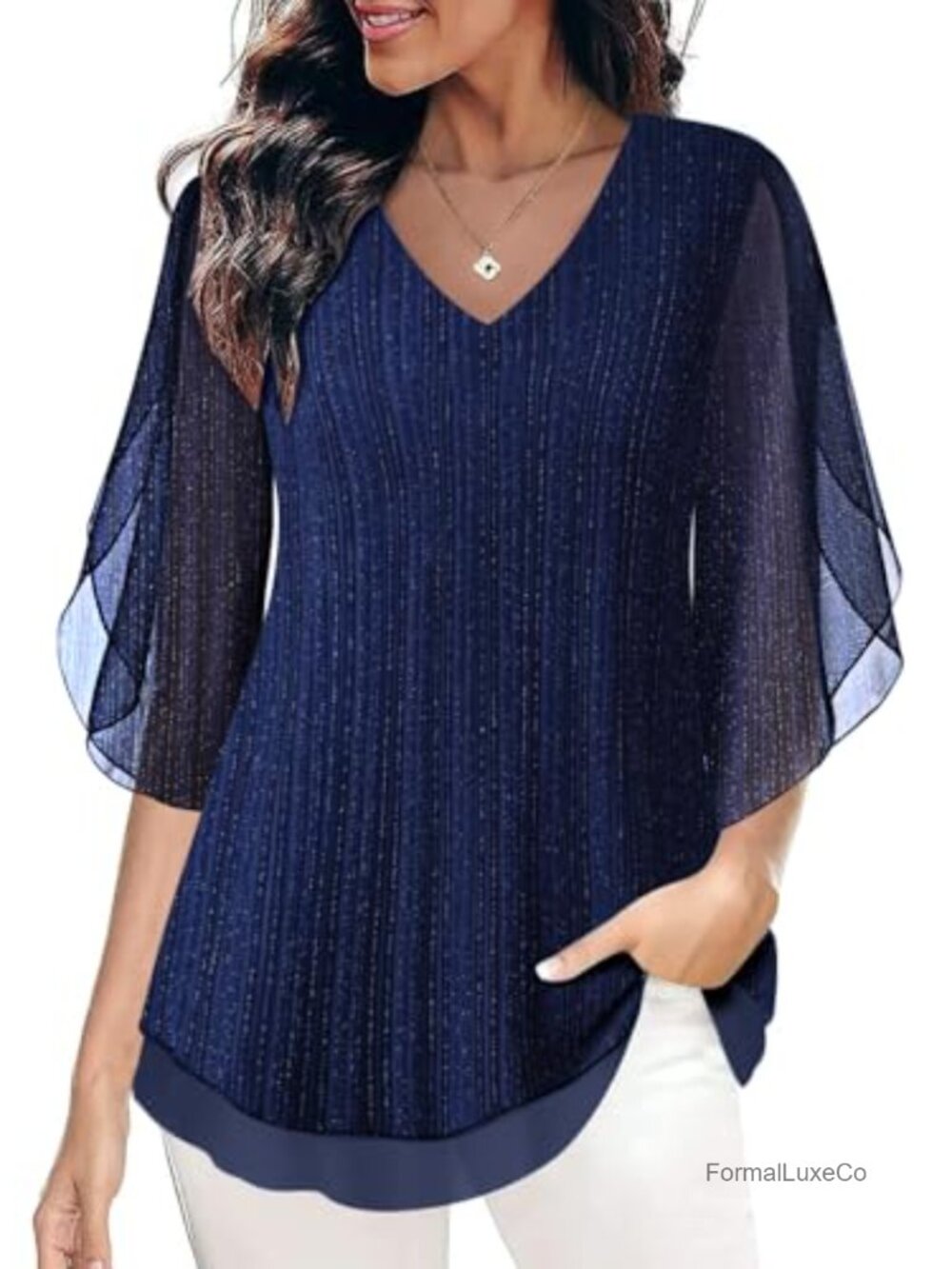 Womens Ruffle 3/4 Sleeve Mesh Blouse Loose Flowy Stretchy Top